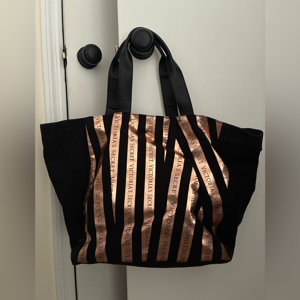 Victoria's Secret Black Tote with Rose Gold Logo Stripes
